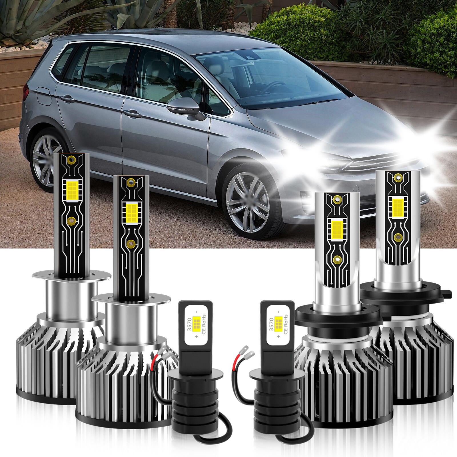 LED Headlight + Fog Light Bulbs Combo 6500K white kit For SportVan 2007-2007