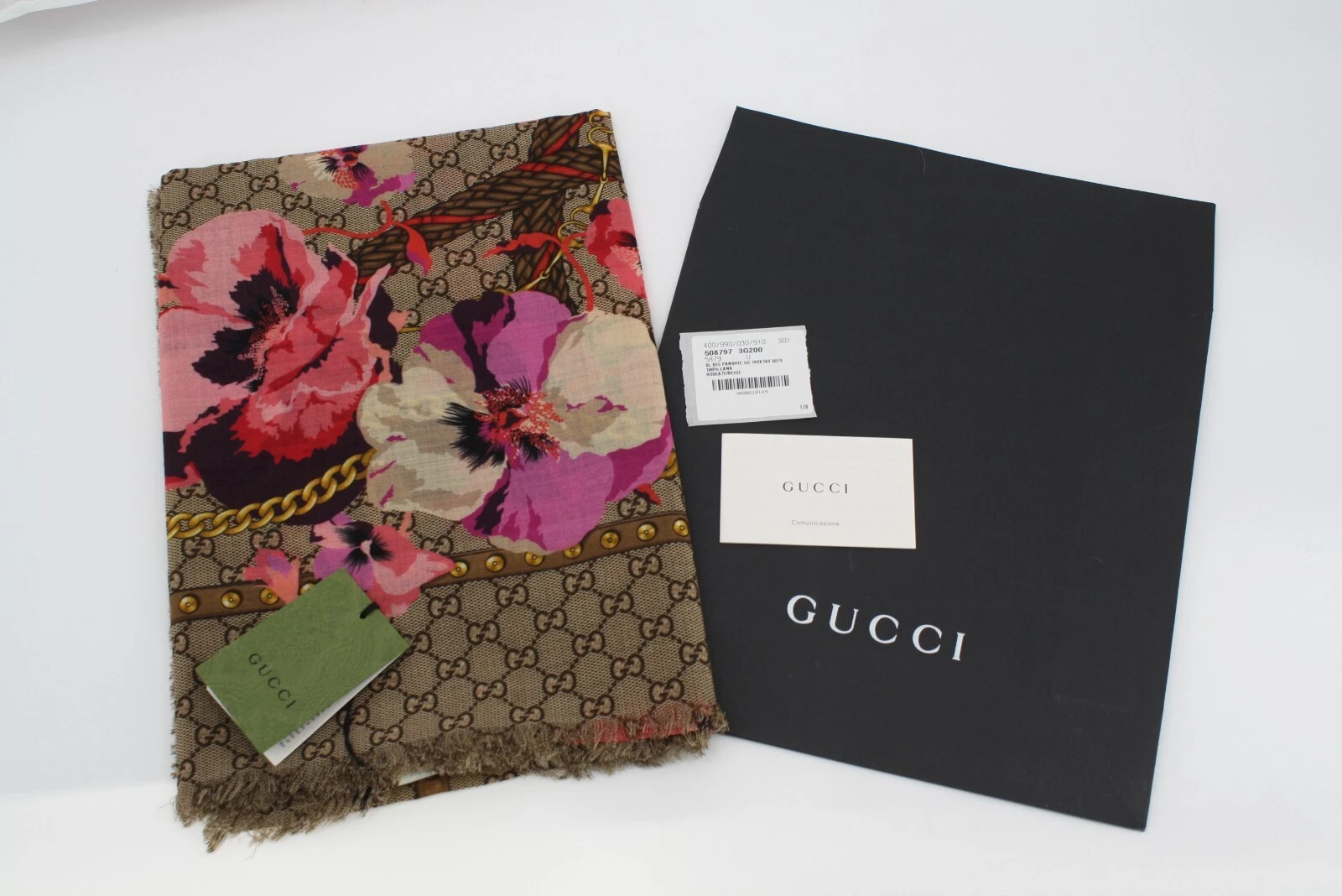 CHÂLE à fleurs en laine légère GUCCI GUCCISSIMA neuf avec étiquette grande casserole ROSEA TE/BEIGE GG AUT