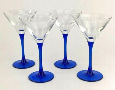 Set of 4 Finlandia Vodka Clear Glass Cobalt Blue Stem Martini Glasses 