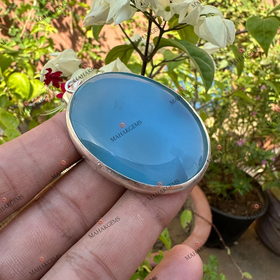 Colgante de plata 925 pulido liso calcedonia azul 123,30 quilates certificado natural Foto 3 de 4