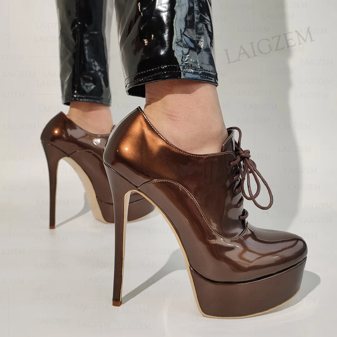 Women Ankle Boots Platform Shiny Lace Up Thin High Heels Short