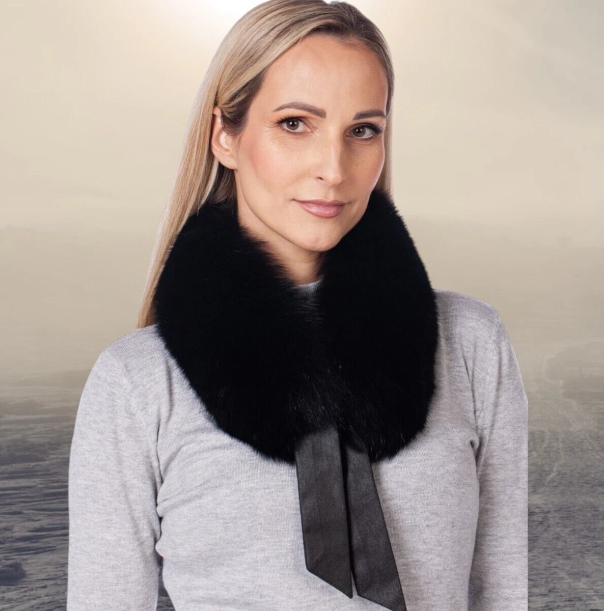 Women's One Size Black Fox Fur Collar,Detachable Fox Fur Scarf With Inner Loops