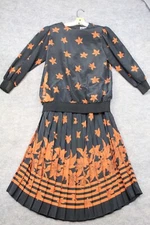 Johanna York Dress Size 12 Two Piece Vintage 80s Black Orange Pleated Lilies