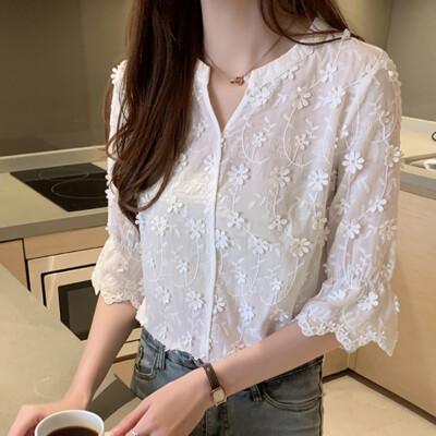 Flare Sleeve White Shirt Women Clothes Floral Embroidery Blouse Summer Tops SZ
