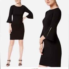Calvin Klein Black Sheath Dress Size 6 Bell Sleeve Pearl Accent Career Cocktail