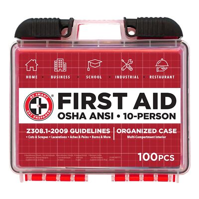Be Smart Get Prepared 100Piece First Aid Kit, Exceeds OSHA Ansi Standards for...