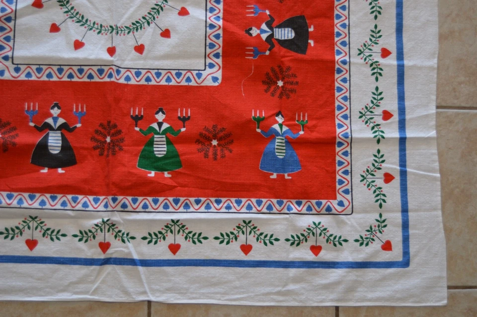 Vintage Christmas Tablecloth Swedish Scandanavian Girls Holding Candles Hearts - image 3 of 4