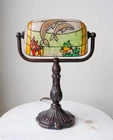 Vintage Tiffany Style Table Lamp Stained Glass Bankers Lamp Dolphins Sea Beach