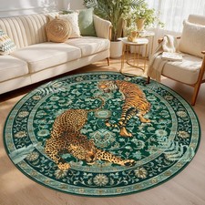 Tiger Print Boho Washable Round Rug 6ft Non Slip Green Cheetah Circle Living Tiger Print Boho Washable Round Rug 6ft Non Slip Green Cheetah Circle Living