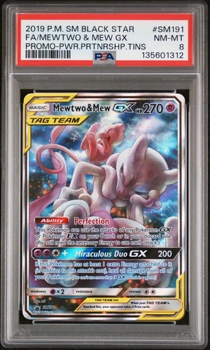2019 POKEMON SM BLACK STAR PROMO #SM191 FULL ART/MEWTWO & MEW GX PSA 8