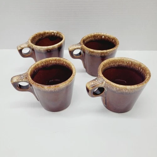 4 Vintage Hull Pottery Oven Proof USA Brown Drip Glaze Coffee Mugs Cups Set 10oz