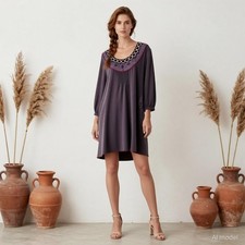 Boho Midi Dress Grey Shift Sleeve Button Front Crochet Trim Embroidered XL