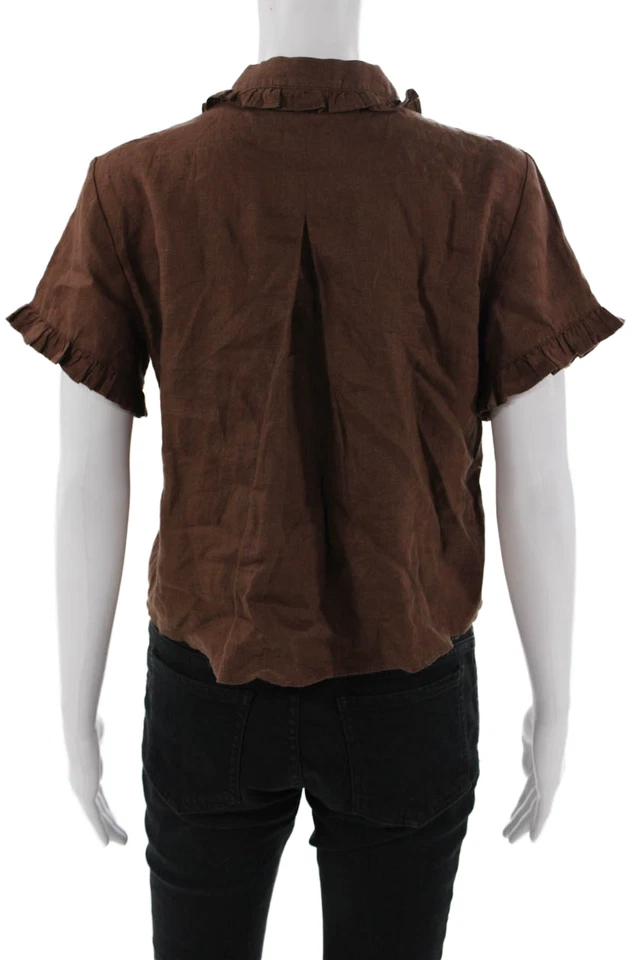 Blusa J Crew Mujer Corte Lino Cuello Abotonado Marrón Manga Corta Talla XS Foto 3 de 4