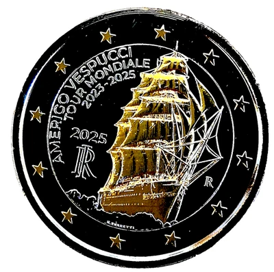 Italien 2 Euro 2025- Americo Vespucci Ruthenium/Goldapplikation unz - Bild 1 von 2
