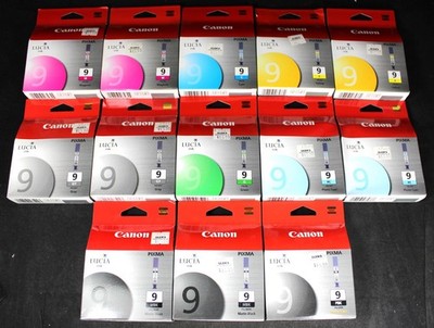 (13) Canon Pixma PGI-9 MBK PBK C G GY PC M Y Ink Lot - NOS - Genuine OEM
