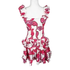 Taroo Dress Women Medium White Red Ruffled Smocked Fit Flare Mini Casual Party