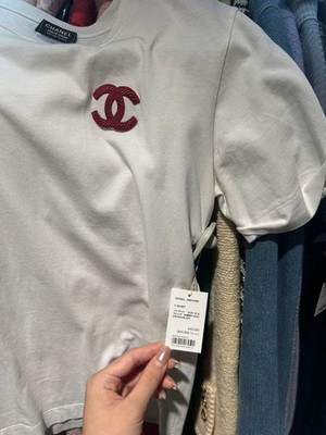 Chanel T Shirt Uniform White Burgundy Logo Embroidered Cotton