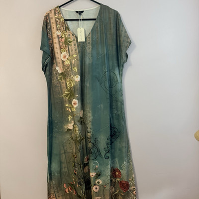 ShallWe Polyester Satin Green Floral Print Maxi Dress XL V-Neck Kimono Sleeve