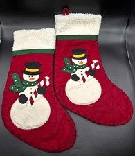 Vintage Pair of Felt Snowman Christmas Stockings Rustic Primitive Holiday Decor