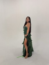 LUXURY CUSTOM MADE PAGEANT GOWN &ndash; EMERALD GREEN SATIN & ORGANZA &ndash;RHINESTONES S/M