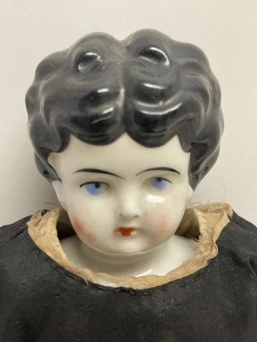 German Porcelain Doll Antique 19th Century Blue Eyes Black Dress