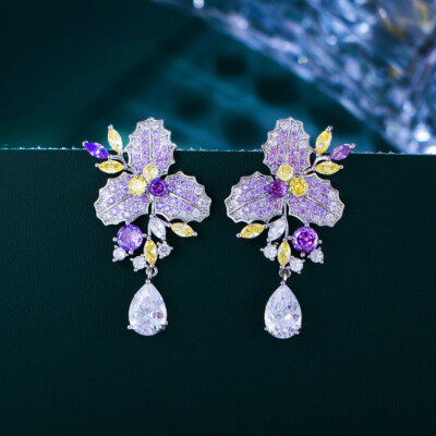 Purple Cubic Zirconia Leaf Flower Drop Dangle Earrings Silver Plated CZ Jewelry