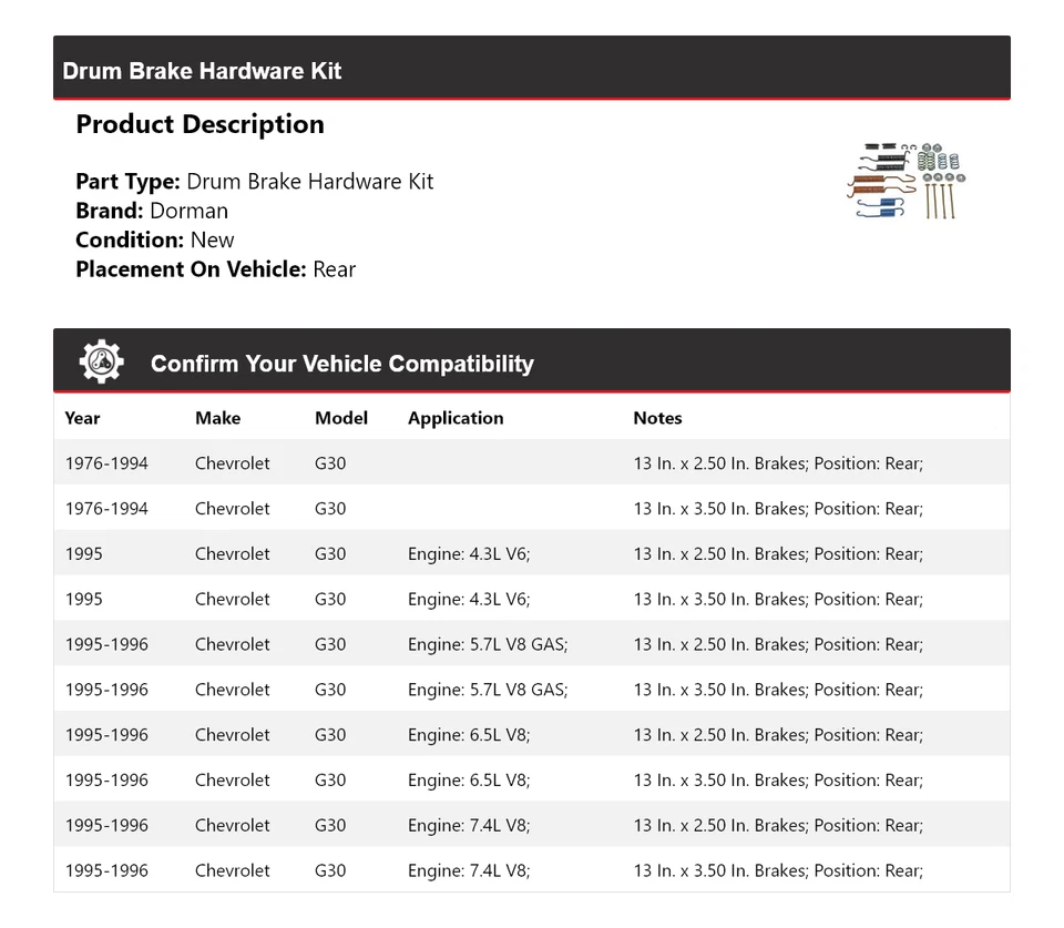 For 1976-1996 Chevrolet G30 Dorman Drum Brake Hardware Kit Rear 1977 1978 1979 - Image 2 of 4