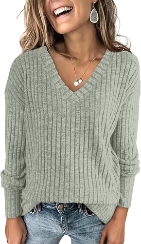 Womens V Neck Long Sleeve Sweater Casual 2024 Fall Lightweight Tunic Light Green
