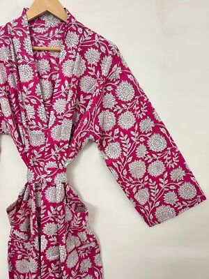 Indian Traditional Print Cotton Long Kimono Robe Bathrobe Nightwear Gown Maxi*
