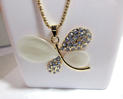 Bijoux by Meera Butterfly Necklace - Gold Tone Clear Crystals Faux Pearl Pendant