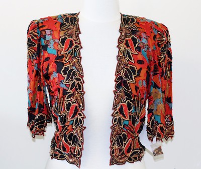 Jasdee Vinatge Bolero Jacket HandWork Bead & Sequins & Hand Print On Silk #5007