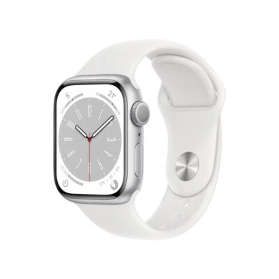Apple Watch Series 8 GPS 45mm Aluminiumgehäuse Silber weißem Sportarmband - Bild 1 von 3