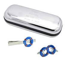 Blue Lifebuoy Life Ring Tie Clip Cufflinks & Engraved personalised box