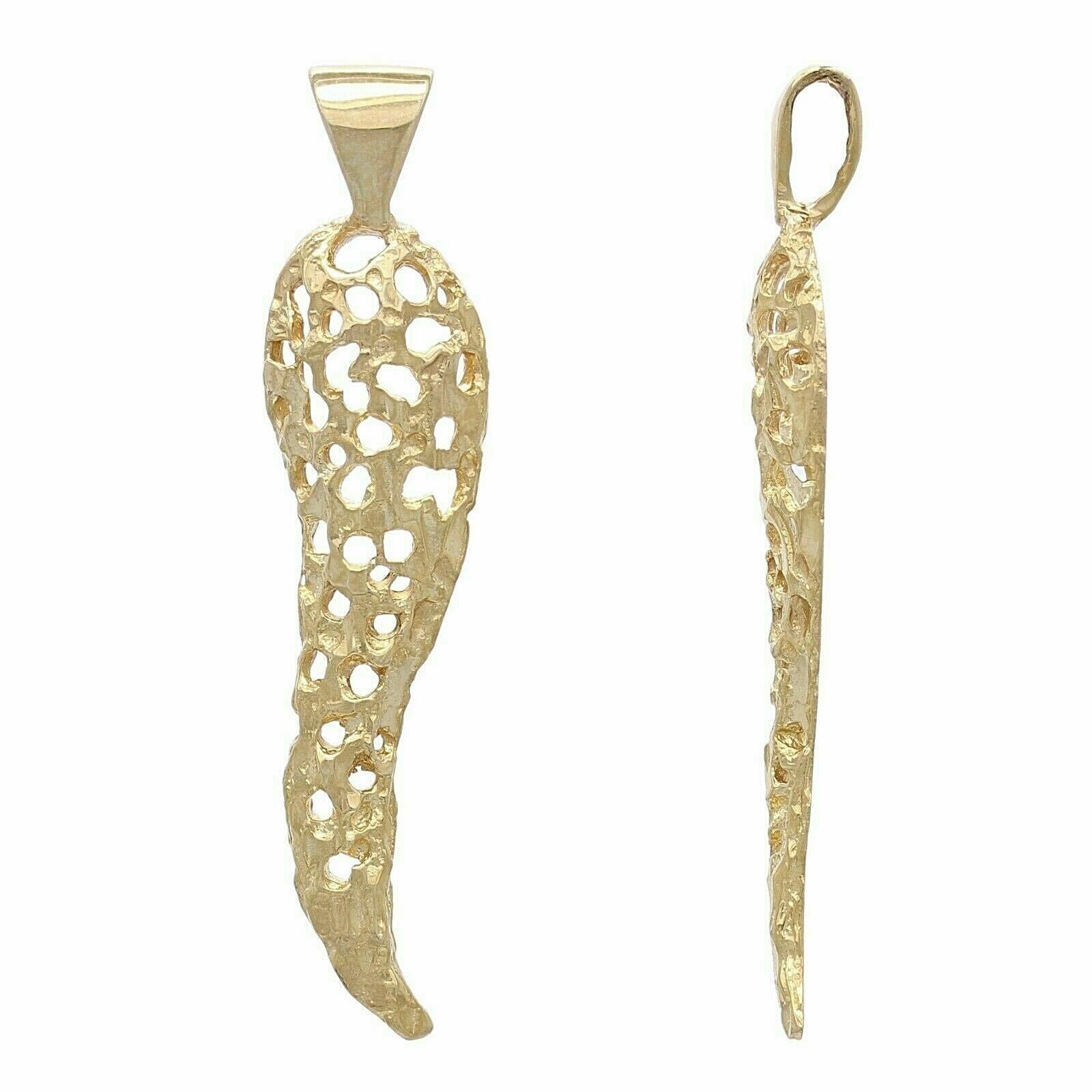 14k Yellow Gold Nugget Italian Horn Pendant Good Luck Charm 1.5" 2