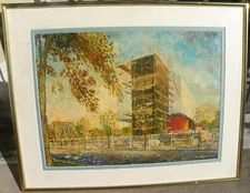 Mid Century Modern 1978 painting of modernist building architecture signed