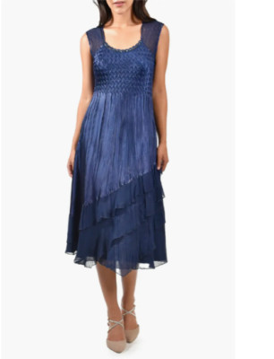 KOMAROV Blue Midnight Beaded Charmeuse Chiffon Tiered Cocktail Dress XL = 14/16