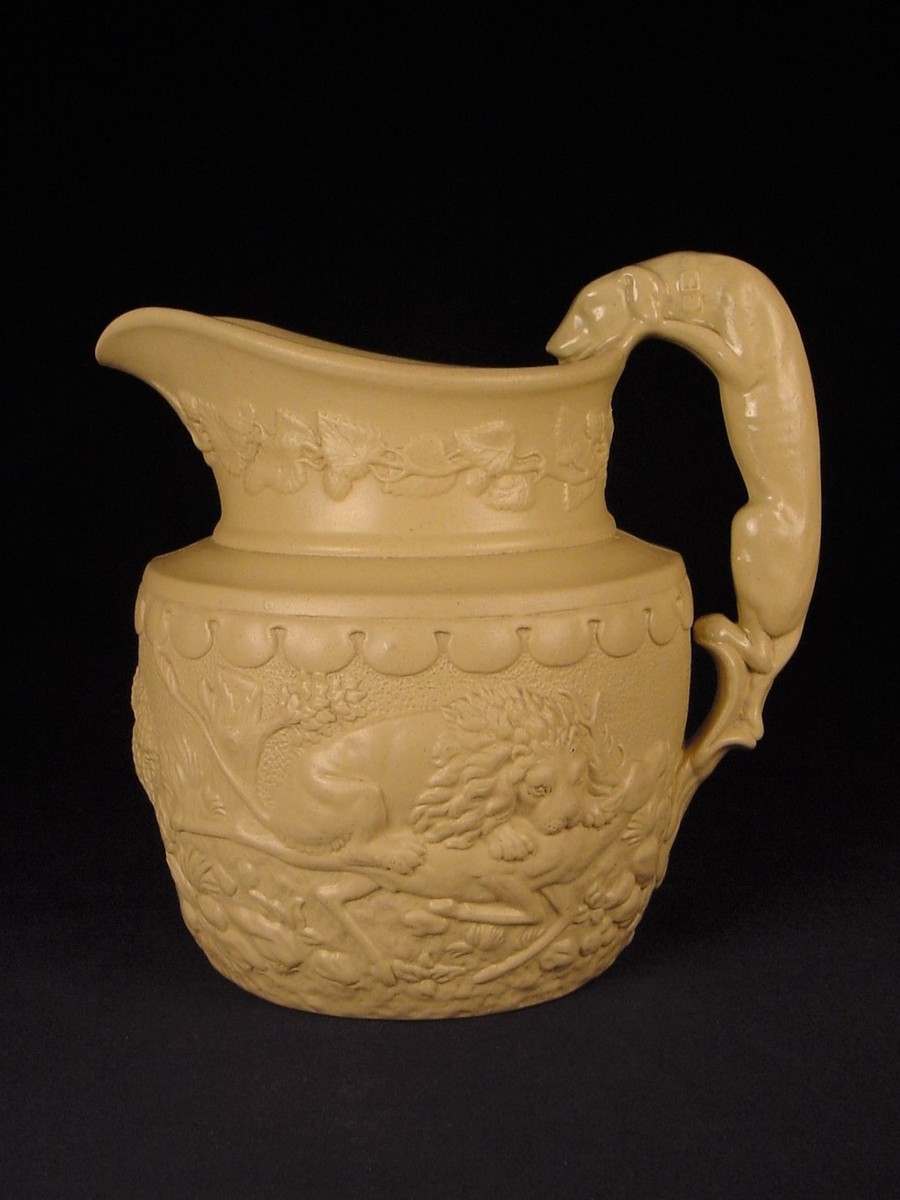 VERY RARE 1800s HOUND HANDLE SIGNED W.RIDGWAY & CO. DOG PITCHER