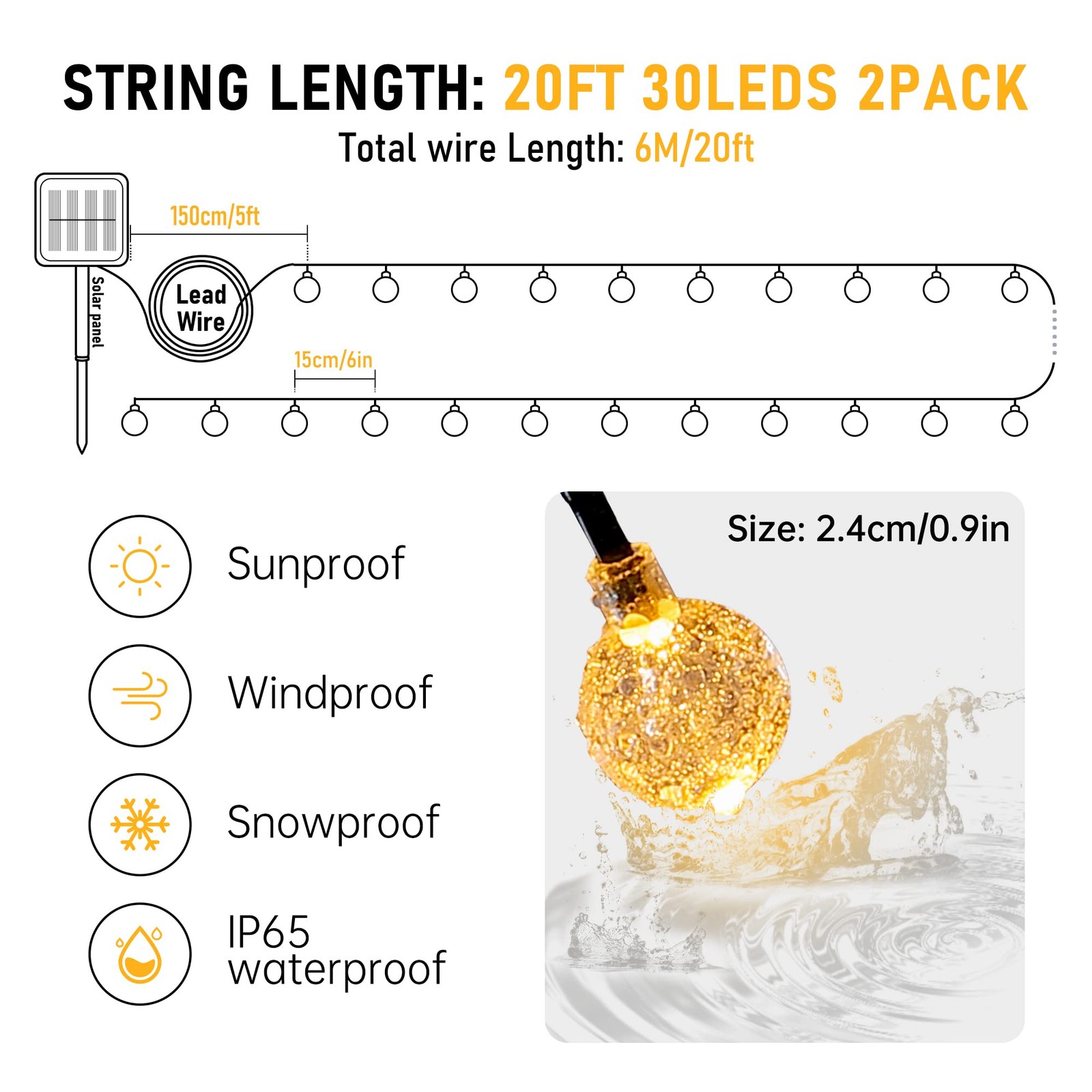 Round Led String Pellimo 2-Pack 30 LED 20FT Solar String Lights Warm White Outdoor ...
