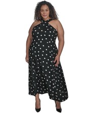 DKNY Women’s Plus Black/White Polka-Dot Crisscross Halter Midi Dress, Size-16W