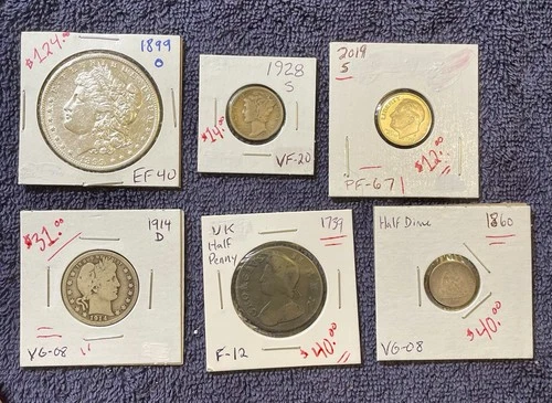 Six Coin Lot Including an Extra Fine Morgan Silver Dollar (1899 O)