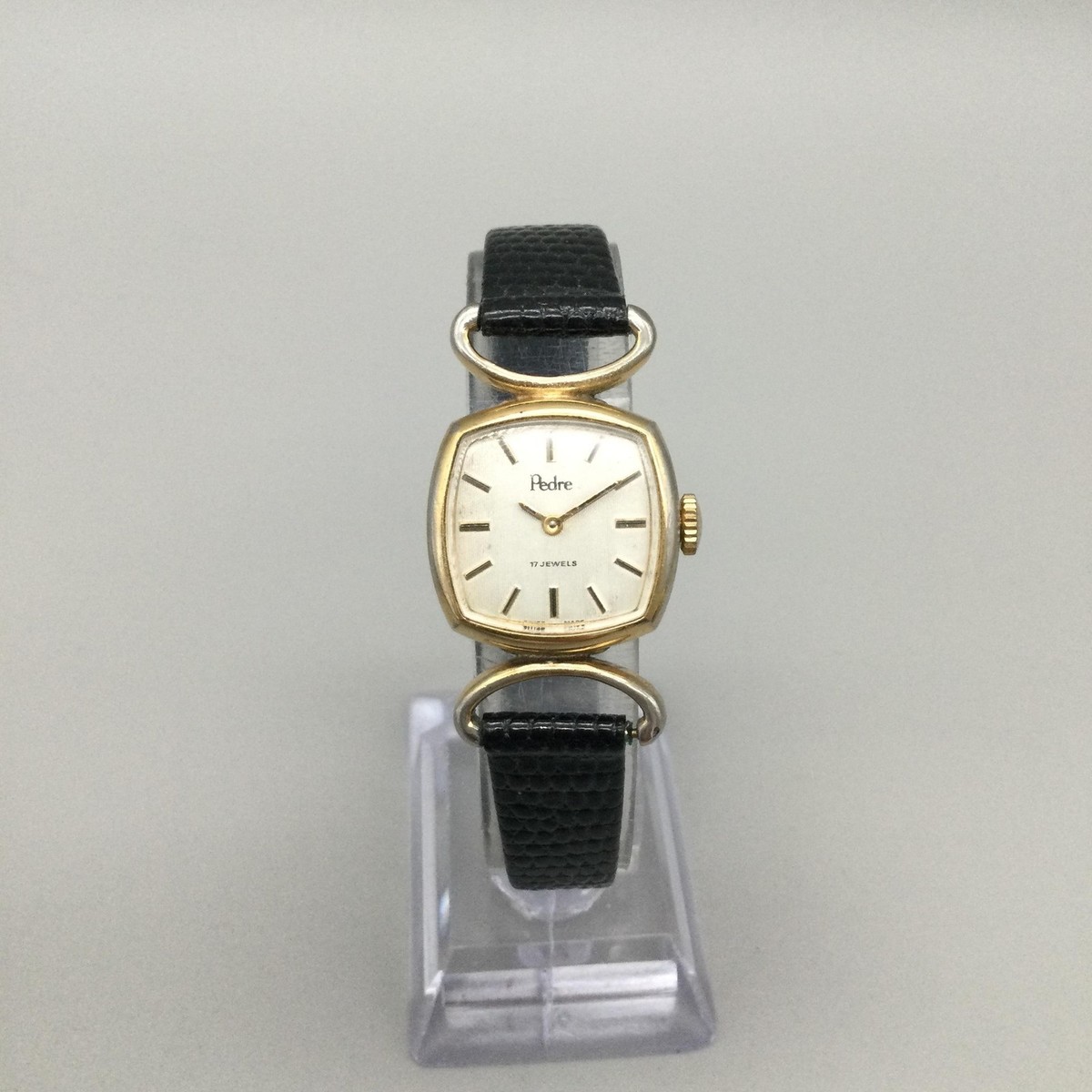 Vintage Pedre Womens Watch 21mm Gold Tone Black Lizard 