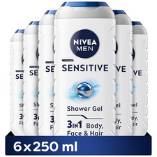 MEN Sensitive Shower Gel Pack of 6 (250 ml), Alcohol-Free with Bamboo Extract 5.06 per litre