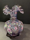 Fenton Purple Carnival Iridescent Beaded Melon Vase Signed Hand Painted