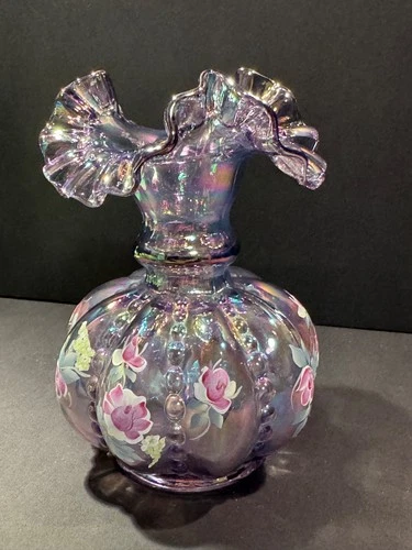 Fenton Purple Carnival Iridescent Beaded Melon Vase Signed Hand Painted