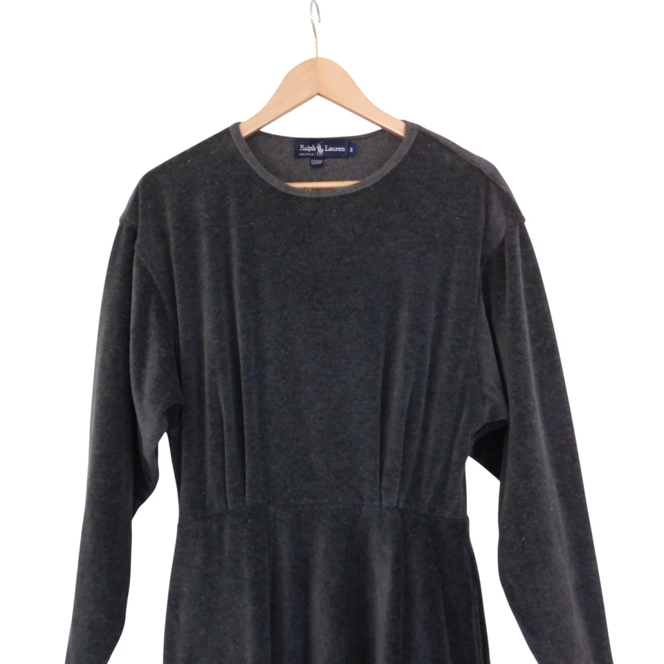Ralph Lauren Long Dress Maxi Velour Velvet Whimsygoth Gray Long Sleeves Medium - Image 2 of 4
