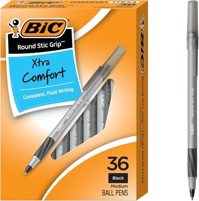 BIC Round Stic Grip Xtra Comfort Black Ballpoint Pens, Medium Point (1.2mm),