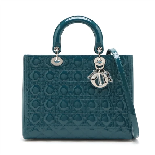 Grand sac à main Christian Dior Lady Dior Cannage cuir verni 2 voies bleu