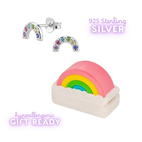 Girls 925 Sterling Silver Rainbow Stud Earrings with Rainbow Novelty Gift Box