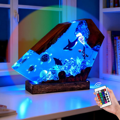 RGB Ocean Resin Lamp, Handmade Deep Sea Epoxy Lamp with LED Color Control, Creat