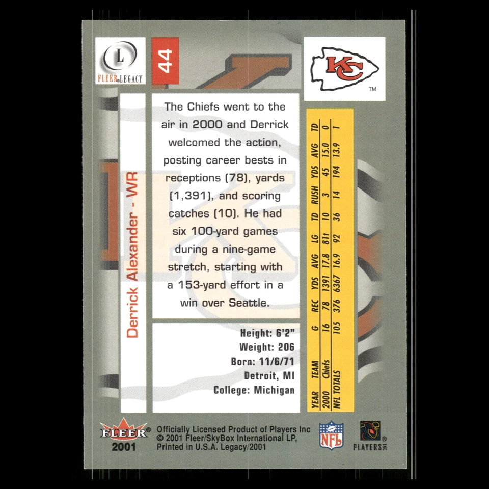 Derrick Alexander #44 2001 Fleer Legacy Kansas City Chiefs Football Card NFL - Image 2 of 3